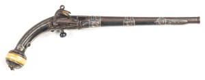 IMPERIAL RUSSIAN MIQUELET HOLSTER PISTOL: 450 Cal; 11½" round barrel secured by 3 ornate silver Niello barrel bands; p. bore; plain miquelet lock; silver Niello back straps & side plates with vine decoration; Odobenus Rosmaris (Walrus ivory) ball butt wit