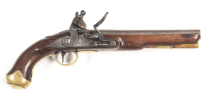 BRITISH EAST INDIA COMPANY LIGHT DRAGOON FULL STOCKED FLINTLOCK PISTOL: 650 Cal; 9" barrel, EICo heart trade mark & WILSON 1802 inscribed to the top; f to g bore; flat lock plate inscribed with the EICo trade mark, 1802 & WILSON; fitted with a re-inforced