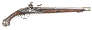 FRENCH FLINTLOCK HOLSTER PISTOL by BTE DUMARES OF MARSEILLE, MADE FOR THE TURKISH MARKET: 650 Cal; 13½" 2 stage round barrel; scroll patterns & sun burst engraving to the breech; f. bore; curved lock plate with foliate engraving to the heel & inscribed B