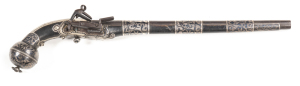 FINE CAUCASIAN MIQUELET HOLSTER PISTOL: 50 Cal; 13½" round barrel secured by 3 ornate silver Niello bands, engraving to the breech; plain lock with Maker's mark; silver Niello back strap grip, side plate, ball trigger & ball butt cap with ring; sharp prof