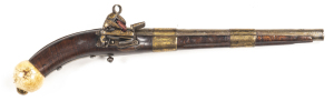 CAUCASIAN MIQUELET HOLSTER PISTOL: 60 Cal; 11½" round barrel secured by 2 brass bands, with foliate panels & a gold o/all finish & gold inlay decoration to the muzzle & breech & including a Maker's mark; p. bore; decorative steel back strap & grip frame w