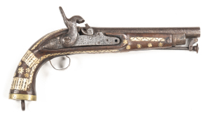 AFGHAN TRIBAL PERCUSSION HOLSTER PISTOL: 67 Cal; 9" round barrel with a captive ramrod; p. bore; plain lock & fittings & marked TYAA 1823; wear to profiles & markings; grey finish to barrel, lock & fittings with pitting to the hammer; fair cond British La