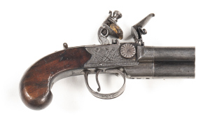 ENGLISH FLINTLOCK 3 BARREL POCKET PISTOL: 80 Bore; 1½" round barrels; f to g bores; boxlock tap action with borderline trophies & flags to both sides of frame & fitted with a re-inforced cock & sliding top safety; plain steel t/guard with a sunburst panel