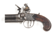 ENGLISH FLINTLOCK 3 BARREL POCKET PISTOL: 80 Bore; 1½" round barrels; f to g bores; boxlock tap action with borderline trophies & flags to both sides of frame & fitted with a re-inforced cock & sliding top safety; plain steel t/guard with a sunburst panel - 2