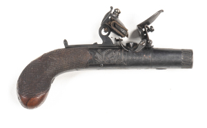 HILL LONDON ROUNDED BODY FLINTLOCK POCKET PISTOL: 38 Bore; 1½" round barrel; frame marked HILL LONDON & Birmingham proofs; both sides of frame engraved with trophies & flags; fitted with a sliding safety, re-inforced cock & concealed trigger; sharp profi