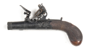 HILL LONDON ROUNDED BODY FLINTLOCK POCKET PISTOL: 38 Bore; 1½" round barrel; frame marked HILL LONDON & Birmingham proofs; both sides of frame engraved with trophies & flags; fitted with a sliding safety, re-inforced cock & concealed trigger; sharp profi - 2