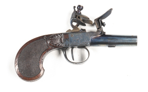 FLEMISH S/B FLINTLOCK BOXLOCK POCKET PISTOL: 450 Cal; 1½" round barrel struck with EIG proof; central hammer boxlock action with the likeness of hounds to both sides of action; plain t/guard with central swirl engraving; g. profiles & clear markings; pist