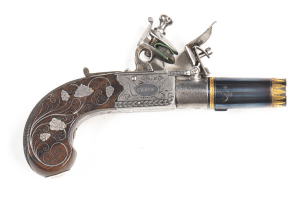 PRINCE OF WALES FLINTLOCK BOXLOCK POCKET PISTOL: 38 Bore; 1¾" round barrel with gold decoration to muzzle & breech & struck with The Gun Maker's Company London proofs; lhs of action engraved with LONDON within an oval with trophies & flags surround; rhs h