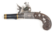 PRINCE OF WALES FLINTLOCK BOXLOCK POCKET PISTOL: 38 Bore; 1¾" round barrel with gold decoration to muzzle & breech & struck with The Gun Maker's Company London proofs; lhs of action engraved with LONDON within an oval with trophies & flags surround; rhs h - 2