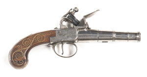 ENGLISH FLINTLOCK CANNON BARREL POCKET PISTOL by ROBT LOY: 54 Bore; 2½" round 2 stage barrel struck with The Gun Maker's Company proofs; box lock centre hammer action engraved LONDON with flags & cannon, rhs ROBT LOY & engraved ensuite; plain steel t/guar