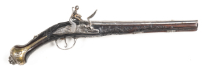 EXCEPTIONAL TURKISH FLINTLOCK HOLSTER PISTOL: 650 Cal; 11¾" round barrel with a slightly raised central rib, brass tear drop front sight engraved with foliate panels to rib & breech; gold maker's cartouche at the tang; banana shaped lock with foliage sect