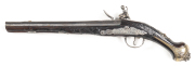 EXCEPTIONAL TURKISH FLINTLOCK HOLSTER PISTOL: 650 Cal; 11¾" round barrel with a slightly raised central rib, brass tear drop front sight engraved with foliate panels to rib & breech; gold maker's cartouche at the tang; banana shaped lock with foliage sect - 2