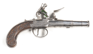 HUDSON LONDON FLINTLOCK CANNON SINGLE BARREL POCKET PISTOL: 50 Bore; 2¼", 2 stage barrel, borderline & foliate engraved; g. bore; breech struck with The Gunmaker's Company London proofs; lhs of frame marked LONDON & rhs HUDSON within a banner & foliage; f