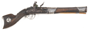 TURKISH FLINTLOCK DAG: 1¾” bore at the muzzle;12” iron barrel with flared muzzle & secured by 2 wide silver sheet barrel bands engraved with foliage; inlaid silver decoration to top of the barrel & breech; plain lock; fitted with a swan necked cock & semi