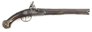 EUROPEAN, POSSIBLY DUTCH, CHISEL ENGRAVED FLINTLOCK HOLSTER PISTOL: 650 Cal; 12½" round barrel with a full coverage of foliage, birds, scrolls & armour clad soldiers; ornate chisel engraved lock with stylised characters; fitted with a swan necked cock eng