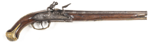 EARLY ITALIAN FLINTLOCK HOLSTER PISTOL: 50 Cal; 11¾" rnd, 3 stage barrel with a brass grotesque mask applied at the breech; p. bore; chisel engraving to lock plate with scrolls, mask to the heel & illegible Italian makers name to bottom of hammer; fitted 