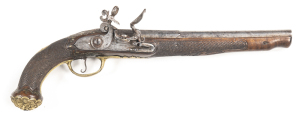 EUROPEAN FLINTLOCK HOLSTER PISTOL: 60 Cal; 9¼" octagonal to round Damascus barrel with Maker's mark in gold lettering to the breech; foliate engraved lock inscribed LONDON & fitted with a French style cock, semi-rainproof pan & roller to the frizzen; gilt