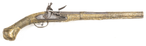 OTTOMAN FULL STOCKED FLINTLOCK HOLSTER PISTOL: 60 Cal; 14" octagonal to round 2 stage watered barrel with Maker's mark to the breech; lock plate with worn foliage engraving & fitted with a swan necked cock & integral pan; bronze eagle finial t/guard with 