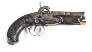 SPANISH S/B PERCUSSION POCKET PISTOL: 69 Cal; 4" octagonal to round, 2 stage barrel with silver foliage inlaid to the breech & gold decoration in a band to the centre of the barrel; foliate engraved lock with external spring & fittings; rare dogs body, he