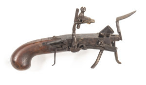 ENGLISH IRON BODIED FLINTLOCK TINDER LIGHTER: plain body with a g. cond wooden pistol grip type handle; fitted with a swan necked cock style cock, external main spring & fittings, including a small bi-pod stand; dark brown patina to all metal; all complet