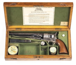 CASED COLT 1860 ARMY THUER CONVERSION REVOLVER: 44 Cal; 6 shot cylinder retaining 90% original scene & LONDON proofs; 203mm (8") round barrel; g. bore; standard sights, one line NEW YORK address & struck with LONDON proofs; brass t/guard & iron back strap