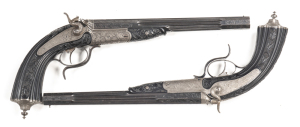 SUPERB, ENGRAVED & MATCHED PAIR OF A. FRANCOTTE A LIEGE C/F TARGET PISTOLS: 380 Cal; s/shot; 267mm (10½") barrels, exc bores; small cone shaped front sight, adjustable notched back sights at the tang; set triggers; under lever actions; centre of barrels a