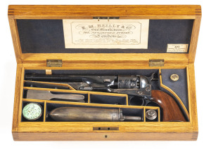 SUPERB, MINTY CASED 1861 COLT NAVY PERCUSSION REVOLVER: 36 Cal; 6 shot cylinder retaining all original scene & LONDON proofs; 190m (7½") round barrel; exc bore; standard sights, one line NEW YORK address struck with London proofs; iron t/guard & back stra