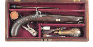 CASED MANTON & SON S/B PERCUSSION TRAVELLING PISTOL: 60 Cal; 8½" octagonal barrel with captive rod, bead front sight & notched back sight at the breech; top barrel flat inscribed LONDON; p. bore; back action lock foliage engraved & marked MANTON & SON; st