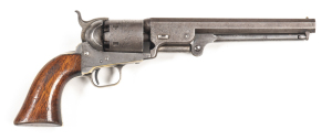 COLT 3RD MODEL 1851 NAVY PERCUSSION REVOLVER: 36 Cal; 6 shot cylinder displaying 75% scene; 190mm (7½") octagonal barrel; standard sights & one line NEW YORK address to top barrel flat; COLTS PATENT to lhs of frame; brass t/guard & back strap with 65% sil