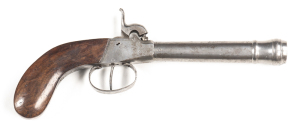 VG. BELGIUM S/B PERCUSSION CANNON BARREL MINER'S PISTOL: 70 Cal; 5" round barrel struck with E.L.G BELGIUM proofs; f. bore; plain steel frame with a centre hammer action; g. profiles & clear proof marks; silver grey finish to barrel, frame, t/guard & back