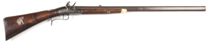 ENGLISH 1/2 STOCKED S/B FLINTLOCK ELEPHANT RIFLE by WRIGHT: .75" Cal; 33" v. heavy rnd Damascus twist barrel, Birmingham proofs under, hook breech with gold band & vent, WRIGHT LONDON in gold inlay to breech; bead front sight & rear 2 leaf sight, brass ba