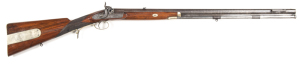 SCOTTISH COUNTY ARCHERY & RIFLE CLUB 1/2 STOCKED PERCUSSION RIFLE by MORTIMER: .60 Cal; 28" round Damascus barrel with top flat, engraved EDINBURGH, under side rib with 2 rod pipes, rhs with tubular sword bayonet bar; vg. to exc 2 groove bore; silver dov