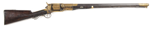 INDIAN GOLD DAMASCENED COLT MODEL 1855 REVOLVING SHOTGUN: 10 bore; 30" round barrel with gold damascene work to muzzle & breech areas; 5 shot cylinder, side hammer, main frame, trigger guard & butt tang all with gold damascene including Indian writing to 