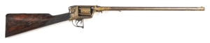 INDIAN GOLD DAMASCENED REVOLVING RIFLE by Deane, Adams & Deane: 40 bore; 23¼" round barrel with gold damascene work to full length including gold Hindi script under muzzle; g. bore, 3 rear leaf sights to 300 yds; 5 shot cylinder, enclosed hammer shroud, m