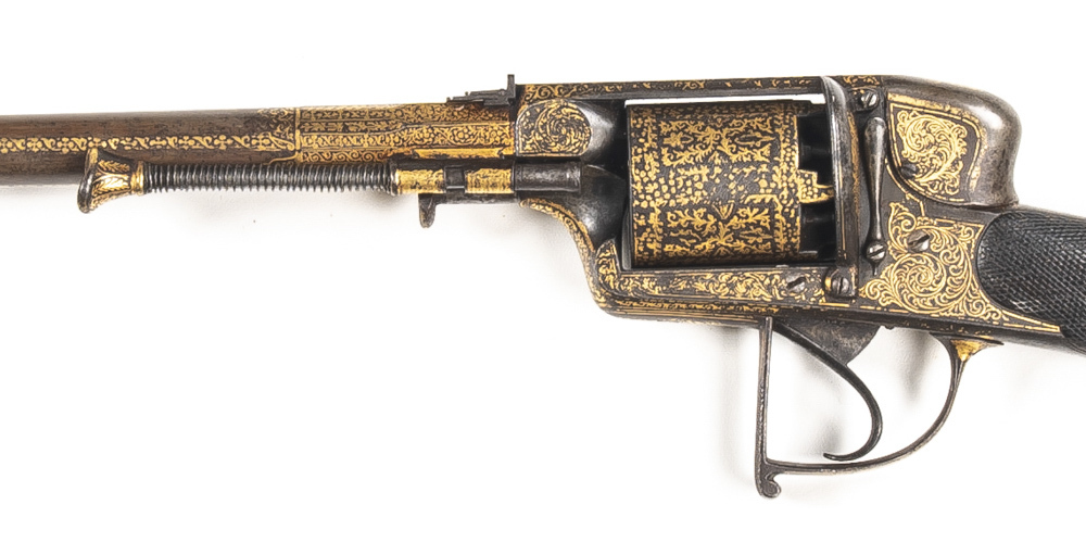 INDIAN GOLD DAMASCENED REVOLVING RIFLE by Deane, Adams & Deane: 40 bore ...