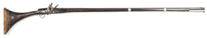 MOROCCAN SNAPHAUNCE FULL STOCKED MUSKET: 20 bore; 44" round barrel with silver inlay tulip panels at breech, some engraving, held to stock with two silver bands; notched rear sight & silver grotesque mask front sight; flat lock of type design, sliding pan