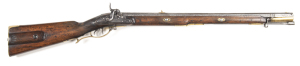 EUROPEAN JAEGAR PERCUSSION RIFLE: .60" Cal; 25¾" octagonal barrel fitted with sword bayonet bar, chambered breech; f. bore with 7 grooves; brass front & rear sights; old heavy pitting to barrel; plain rounded lock, period convert from flintlock; adjustab