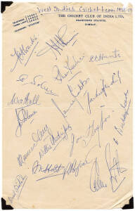 1958-59 WEST INDIES TO INDIA, "The Cricket Club of India Ltd, Brabourne Stadium, Bombay" letterhead with 17 signatures including Gerry Alexander (captain), Gary Sobers, Rohan Kanhai, Wes Hall & Lance Gibbs. Good condition.