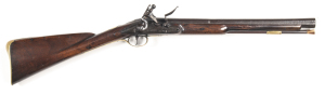 ENGLISH BARBAR FULL STOCKED FLINTLOCK COACHING CARBINE: 16" swamped barrel, ¾" at the muzzle; breech struck with London Gunmaker’s proofs & IB maker’s stamp; plain rounded lock plate inscribed BARBAR; fitted with a swan necked cock, separate pan & unusual