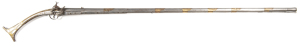 ALBANIAN STEEL MOUNTED MIQUELET GUN: .65" Cal; 52" round to octagonal barrel with fluted flared muzzle, breech stamped LAZARI CONIAZO; f. cond lock with engraved components, action a/f; full metal sheathed stock includes 6 engraved brass barrel bands, eng