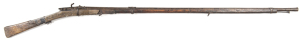 INDIAN TORADOR MATCHLOCK MUSKET: 28 bore; 49" round barrel with flared muzzle, integral pan with cover, all with dark brown mottled patina; standard serpentine type lock; f. cond full stock, usual splice at rear band, moderate bruises, splits & edge loss,