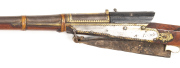 GOLD DAMASCENED INDIAN TORADOR MATCHLOCK MUSKET: 22 bore; 42½" round damascus barrel with decorative flared muzzle & breech, integral pan with cover; standard serpentine type lock with side plates of polished steel including pricker holder; exc. cond full - 2