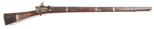 TURKISH MIQUELET SHORT MUSKET: .75" Cal; 34¾" round to octagonal to round watered barrel with gold wire inlay designs at muzzle, transition, breech & makers stamp, barrel key is absent; p. bore; vg. cond lock with engraved components & gold poincon, cris