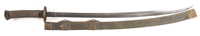 SCARCE BRASS MOUNTED CHINESE SWORD: g. 28" slightly curved blade with 8" grooves to back edge; dragons to the ricasso; pommel with pierced decoration ensuite as ferrule; woven cotton twine grip with a lacquered finish, part of decoration to pommel missing