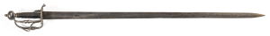 FLEMISH WALLOON CAVALRY SWORD: 35" straight blade with Kings proof to the forte, minor chips to both edges & o/a light & dark staining; pierced heart shaped guard, 3 bar hilt & urn shaped pommel; wooden grip with loose wire binding; grey finish to blade, 