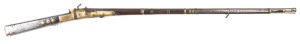 INDIAN TORADOR MATCHLOCK MUSKET: 18 bore; 48" round barrel with brown patina & silver koftgari to muzzle, mid & breech areas, with integral pan & cover; standard serpentine type lock with open trigger; side plates of polished brass; full stock with 11 ban