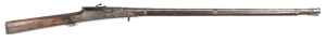 18th CENT INDIAN TORADOR MATCHLOCK GUN: 11 bore; 43" round barrel chiselled all over & with gold decoration at muzzle & breech, pan cover is absent; standard serpentine type lock with trigger & side plates of nielloed steel incorporating Peacock designs; 