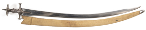 INDIAN TULWAR: vg cond 34½" unfullered blade, narrowed from period sharpening, touch mark to ricasso & inscription to edge, 10" back edge; few small spots to blade; traditional open hilt & disc fully worked in silver koftgari; complete with khaki over woo