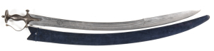 INDIAN TULWAR: vg cond 31" watered steel blade, tri-fullered, maker’s mark to forte, 10" back edge; v. few small blemish spots to blade; traditional hilt with bar & disc fully worked in silver koftgari; complete with blue velvet over wood scabbard. 