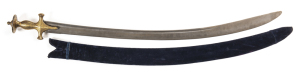 INDIAN TULWAR: vg cond 32½" single fuller broad blade, 11" back edge; even soft grey blade patina with traces of pattern; traditional open hilt & disc fully worked in gold koftgari; complete with blue velvet over wood scabbard. 